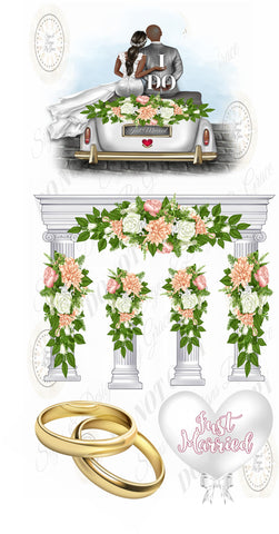 Dark Skinned Bride and Groom Just Married Arches Car