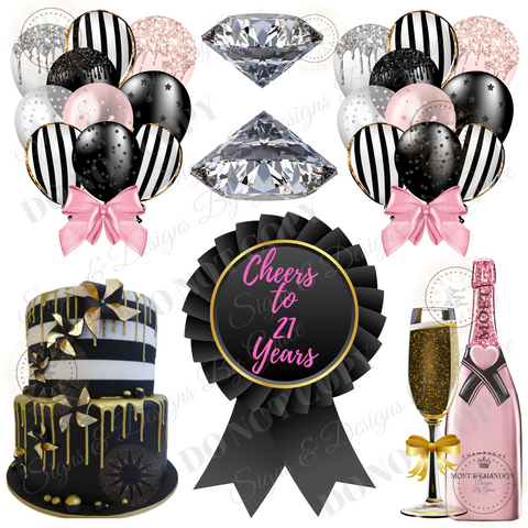 Pink Black Champs Cake flash Balloon Bundle 131 Cheers to 21