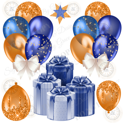 Blue Gift Box Blue Orange Balloon Bundle Stars 117