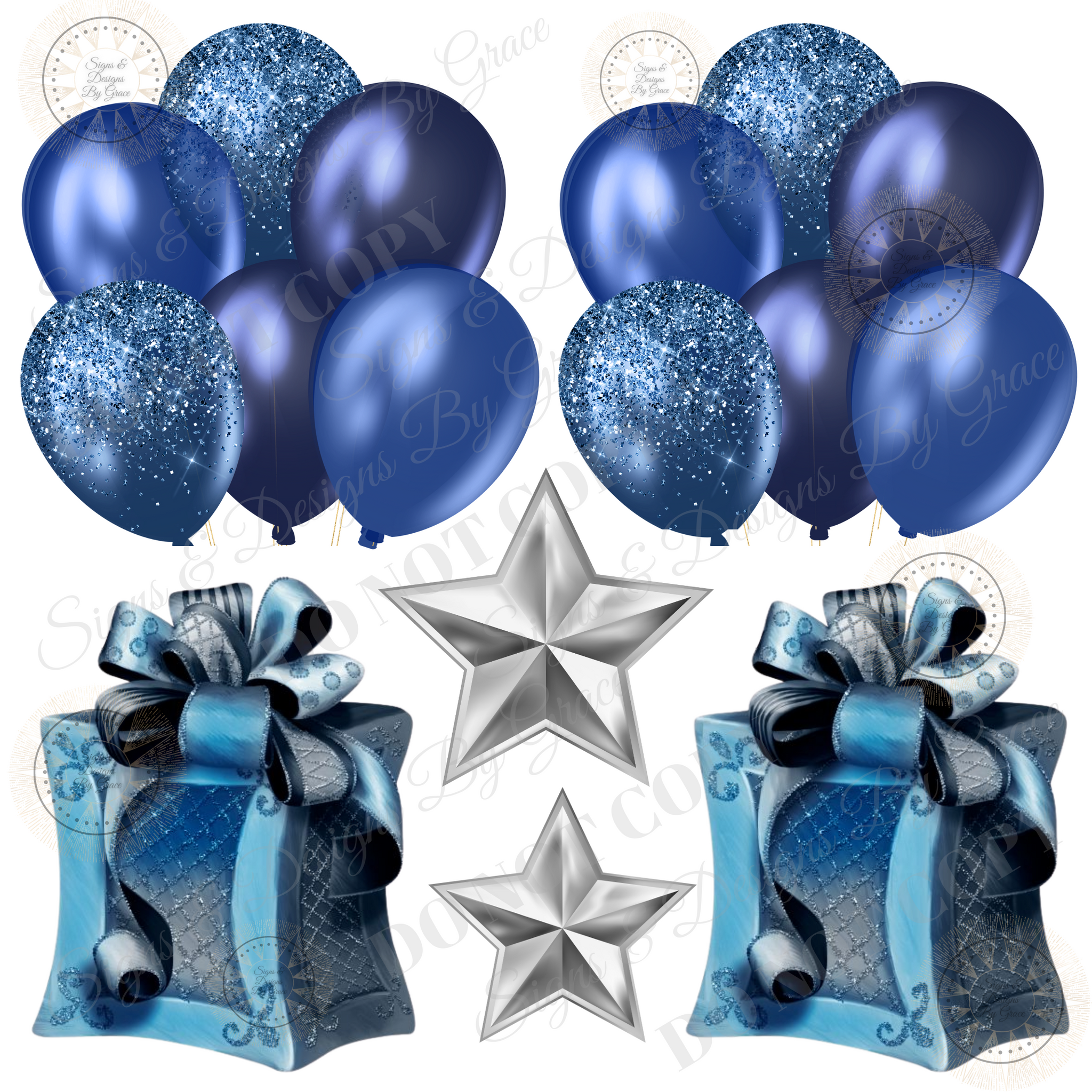 Blue Glitz Giftbox Silver Star Balloon Bundle no bow 105