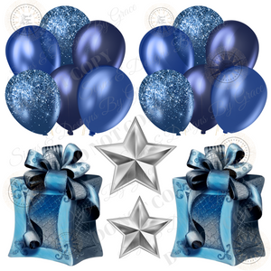 Blue Glitz Giftbox Silver Star Balloon Bundle no bow 105