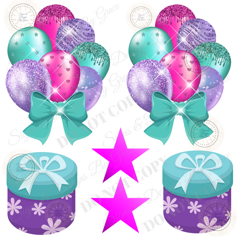 Hot Pink Teal Balloon Bundle Gift Box Stars  122