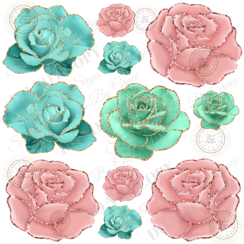 CUT TEAL AND BLUSH FLOWERS 4002