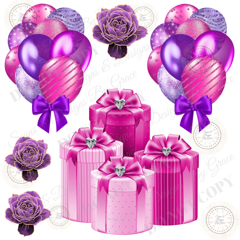 HOT PINK PURPLE Balloon Bundle Flowers Gift Box Hearts 114