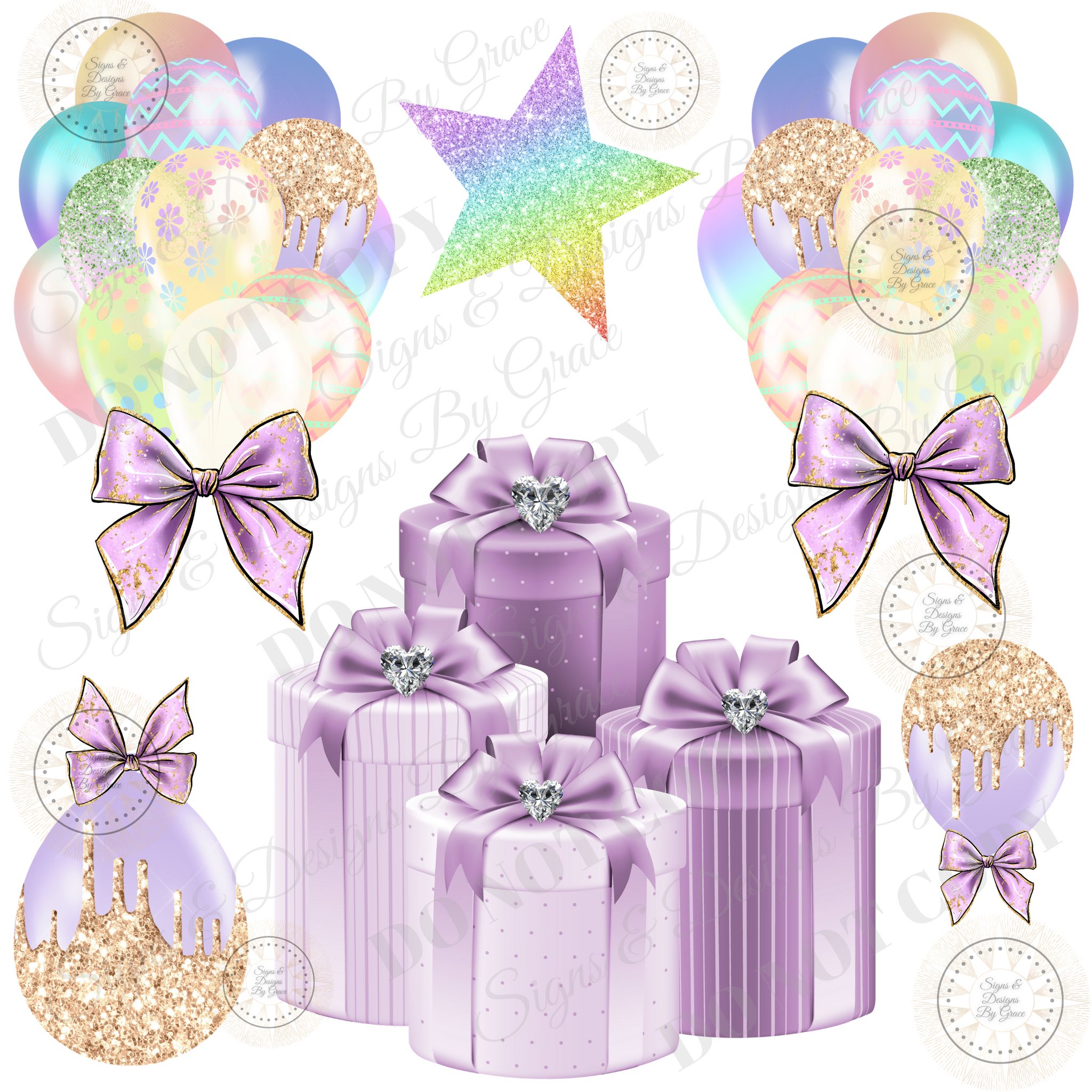 cut LAVENDER Gift Box Pastel Balloon Bundle Stars 115