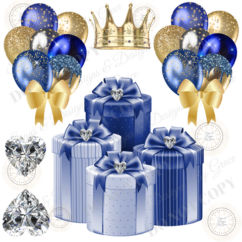 Royal Blue GOLD Balloon Bundle Heart Diamonds Crown Blue Gift Box 118
