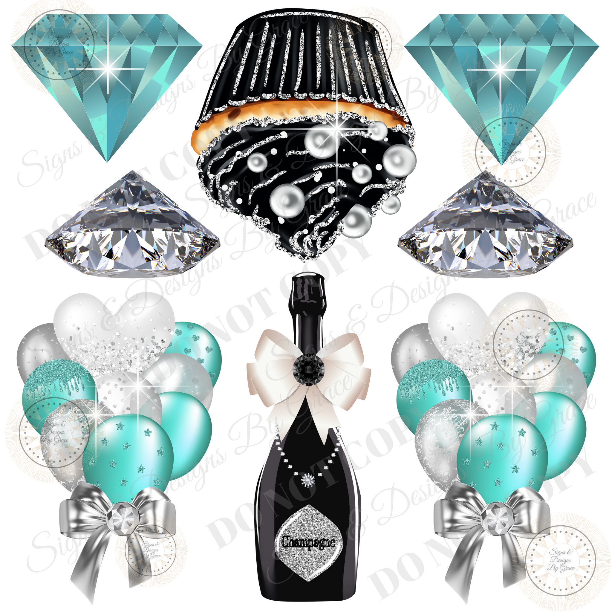 Teal Silver Balloon Bundle Diamonds Cupcake Blk Bottle 119