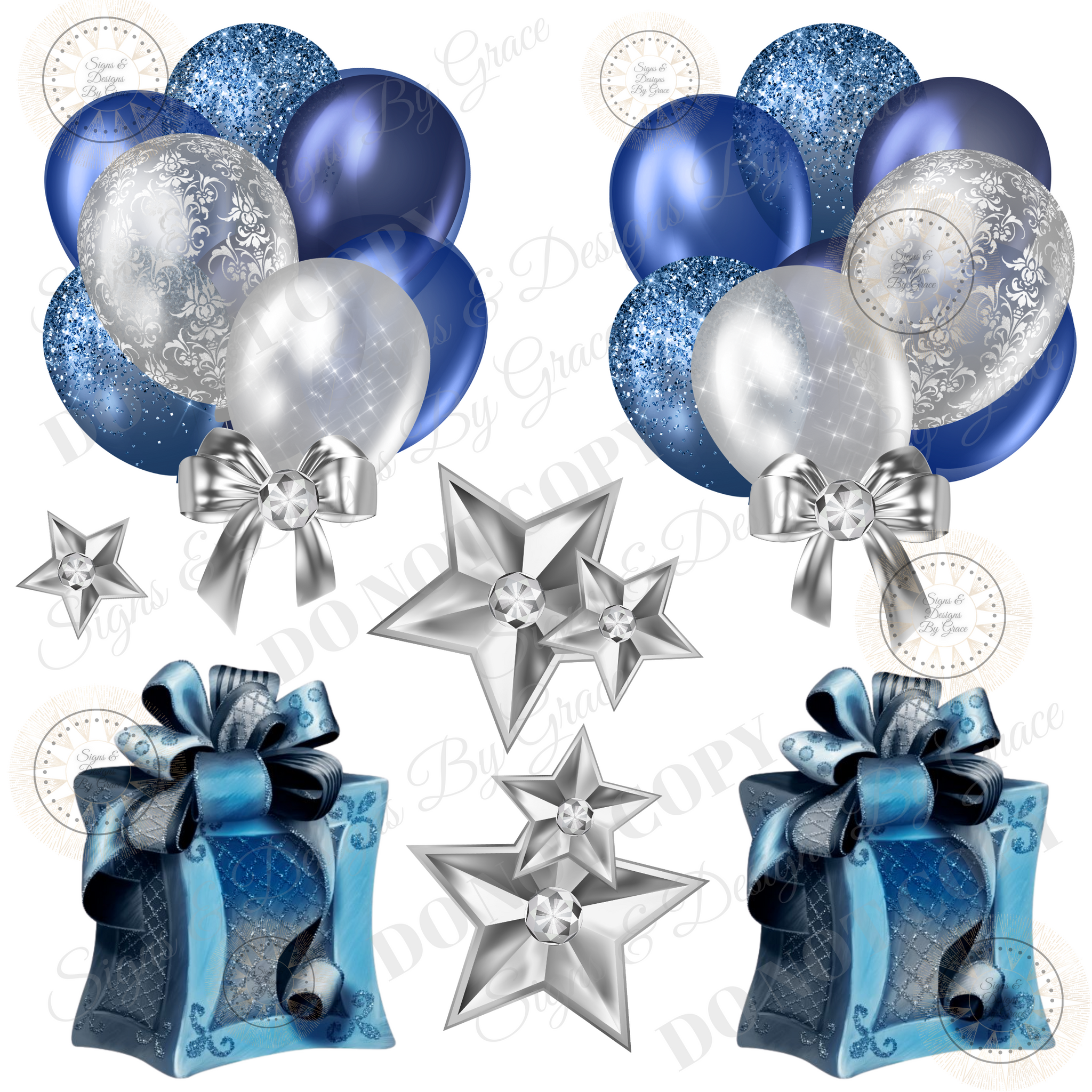 Blue Glitz Giftbox Silver Star Balloon Bundle with bow 123