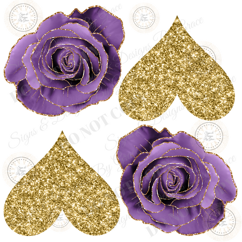 purple flowers gold hearts 4013